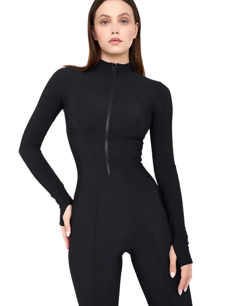 Women's Skinny Long Sleeve Zipper Bodysuit - Noemi Black