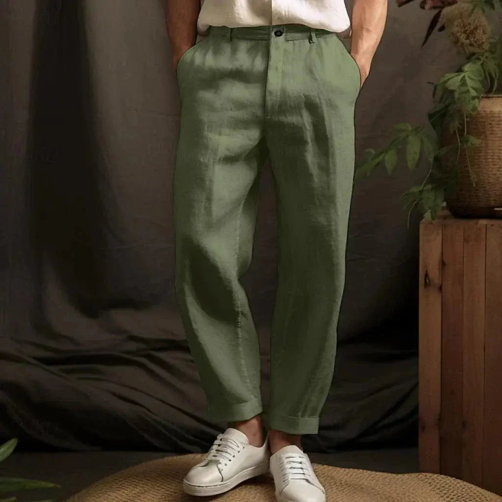 Men’s Straight-Leg Trousers – Relaxed Fit – Linen – Full Length Green