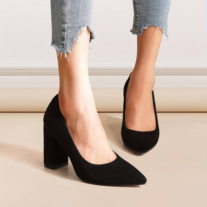 Women's Suede Block Heel Pumps - Elegant Supportive Fit - Heeluxe Black