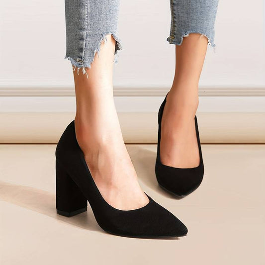 Women's Suede Block Heel Pumps - Elegant Supportive Fit - Heeluxe Black