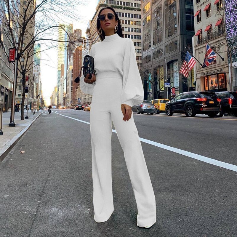 Women's Slim Fit Jumpsuit - High Collar, Long Sleeve - StyleSculpt White
