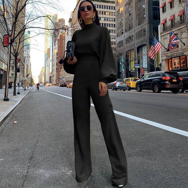 Women's Slim Fit Jumpsuit - High Collar, Long Sleeve - StyleSculpt Black