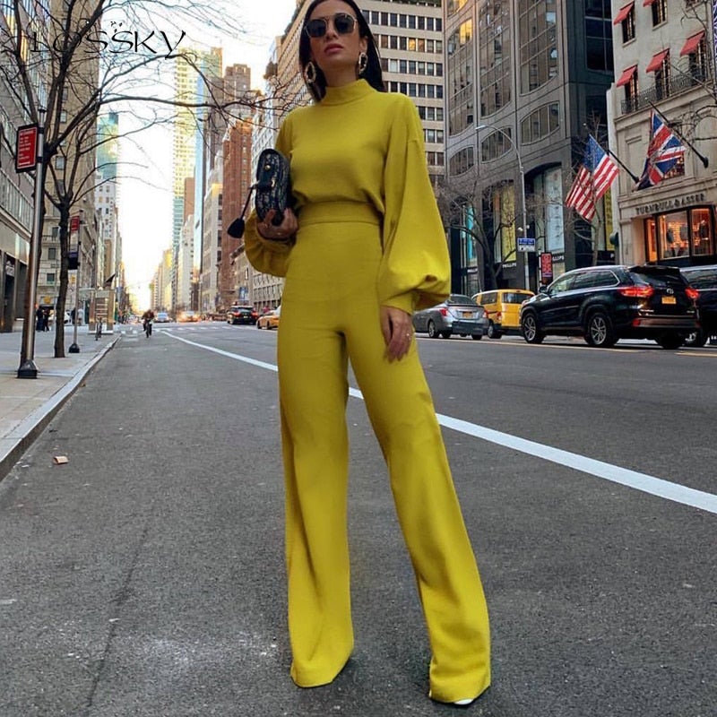 Women's Slim Fit Jumpsuit - High Collar, Long Sleeve - StyleSculpt Yellow