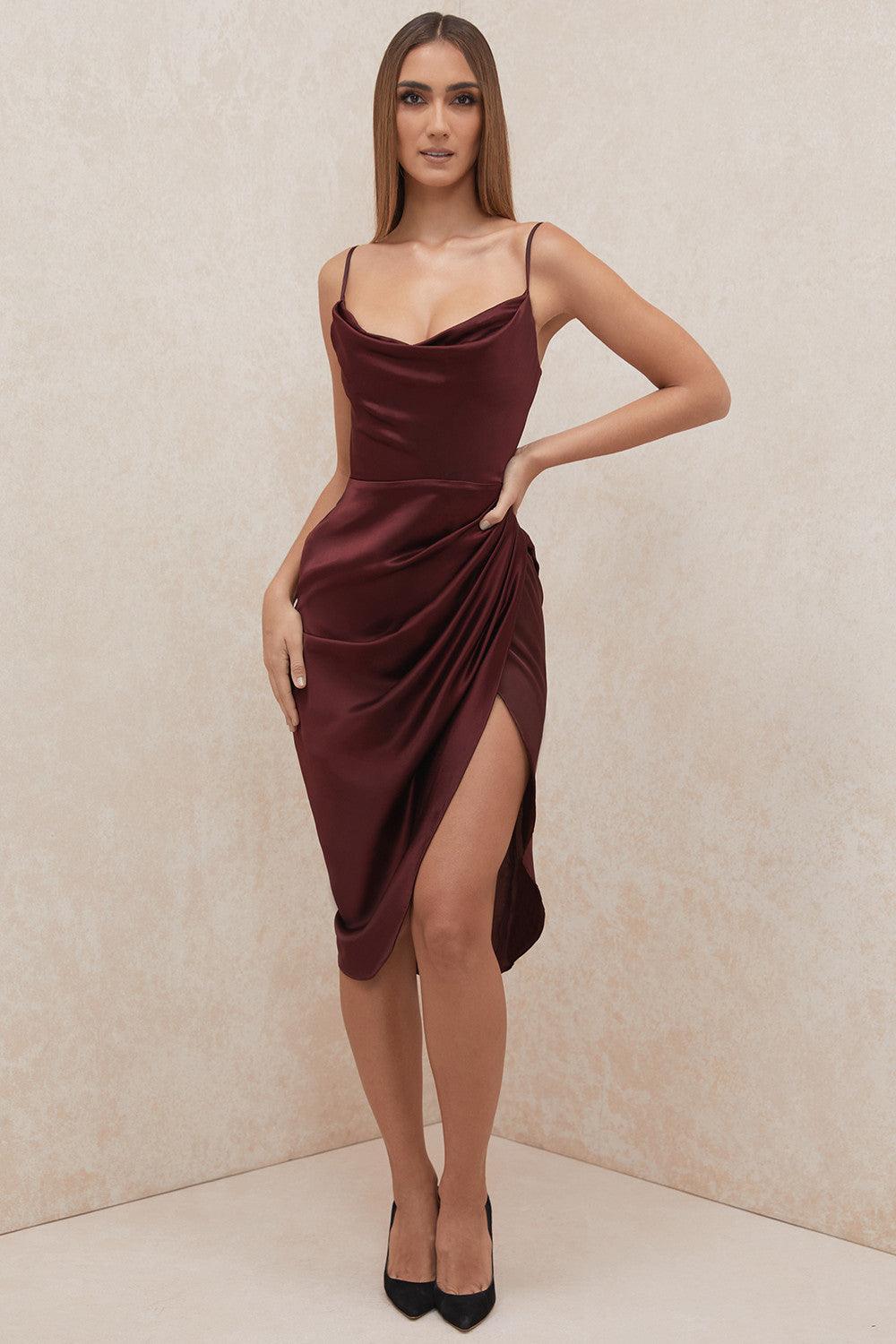 Satin Midi Dress for Women, Cowl Neck, High Slit - EveningMuse