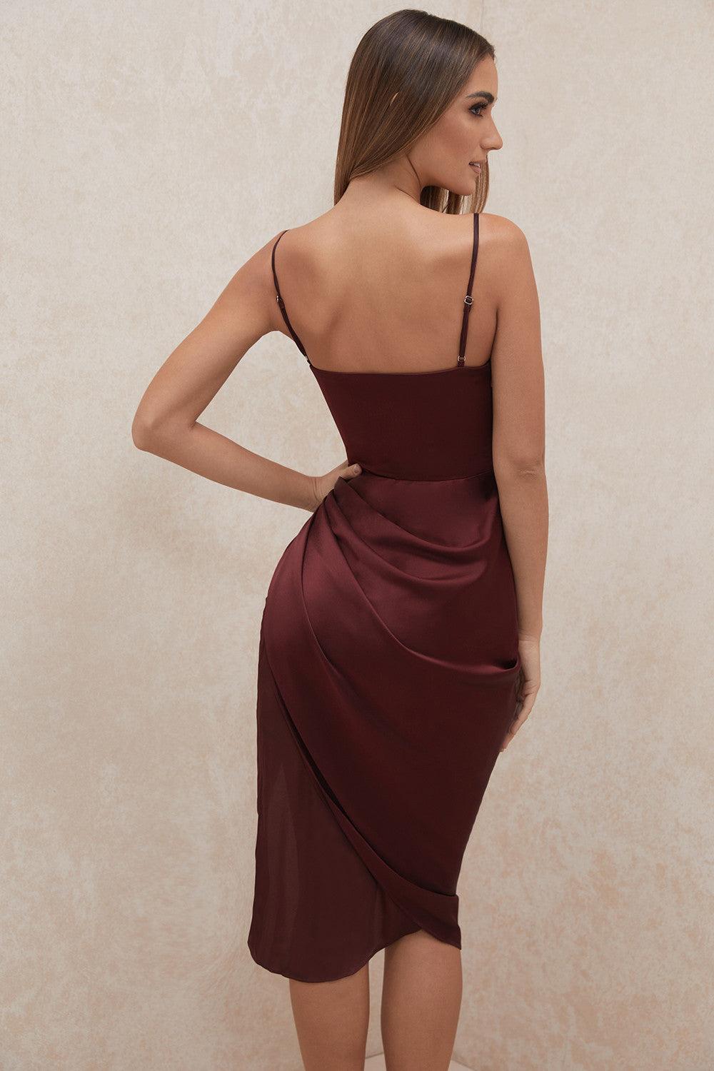 Satin Midi Dress for Women, Cowl Neck, High Slit - EveningMuse