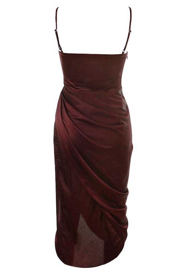 Satin Midi Dress for Women, Cowl Neck, High Slit - EveningMuse
