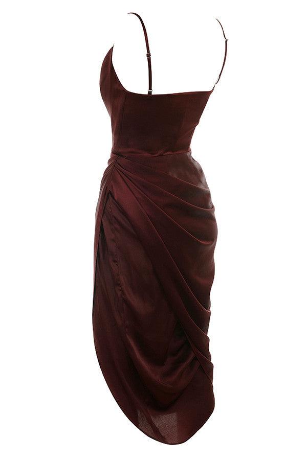 Satin Midi Dress for Women, Cowl Neck, High Slit - EveningMuse