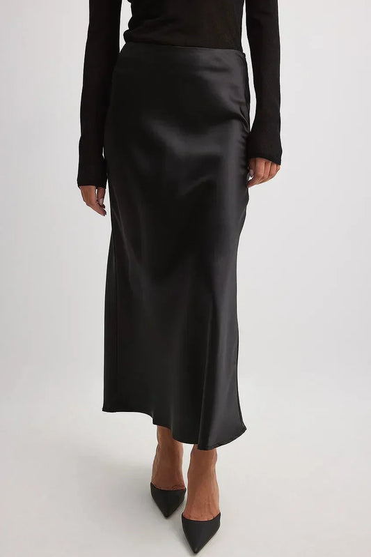 Women's Satin Maxi Skirt - Flowing A-Line, Elegant Formal - SatinGlow Black