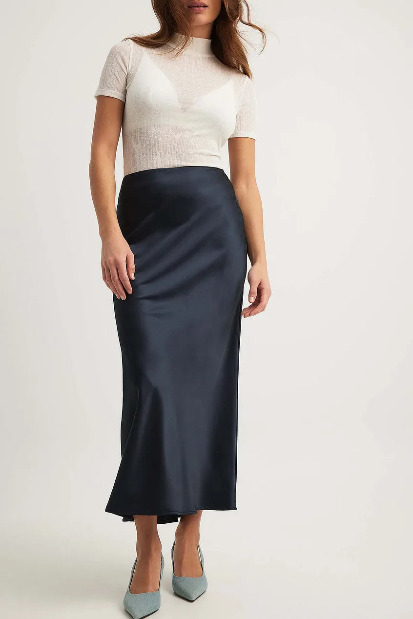 Women's Satin Maxi Skirt - Flowing A-Line, Elegant Formal - SatinGlow Navy blue