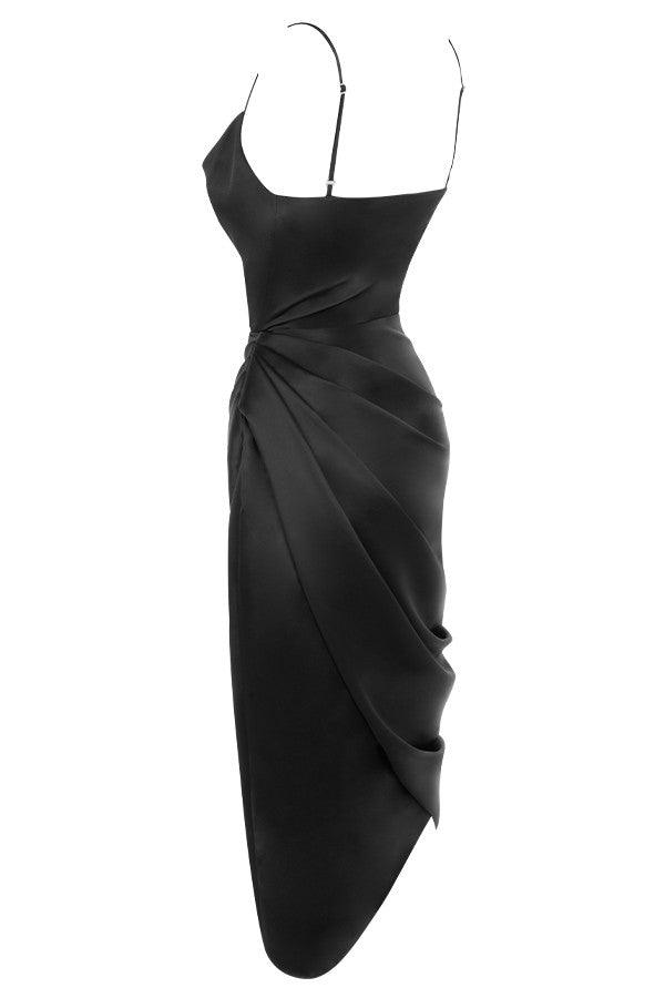 Satin Midi Dress for Women, Cowl Neck, High Slit - EveningMuse
