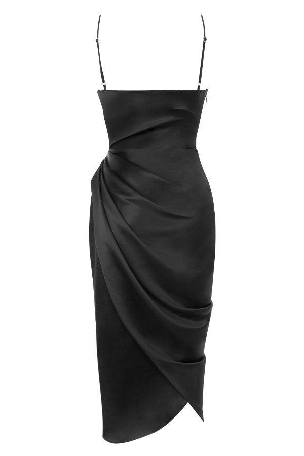 Satin Midi Dress for Women, Cowl Neck, High Slit - EveningMuse