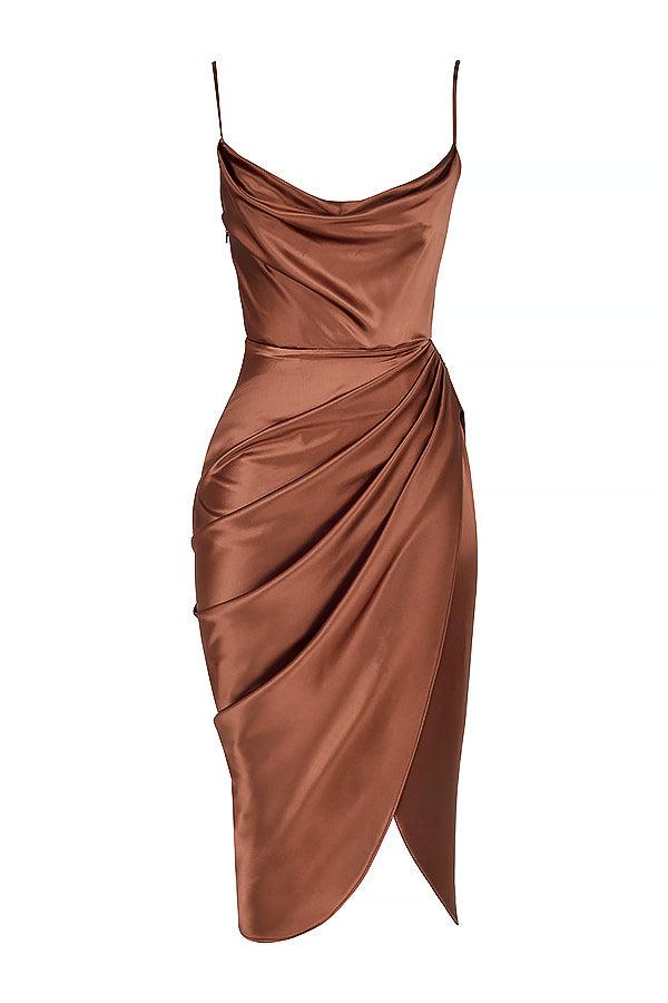 Satin Midi Dress for Women, Cowl Neck, High Slit - EveningMuse