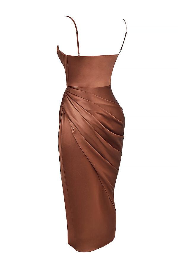 Satin Midi Dress for Women, Cowl Neck, High Slit - EveningMuse