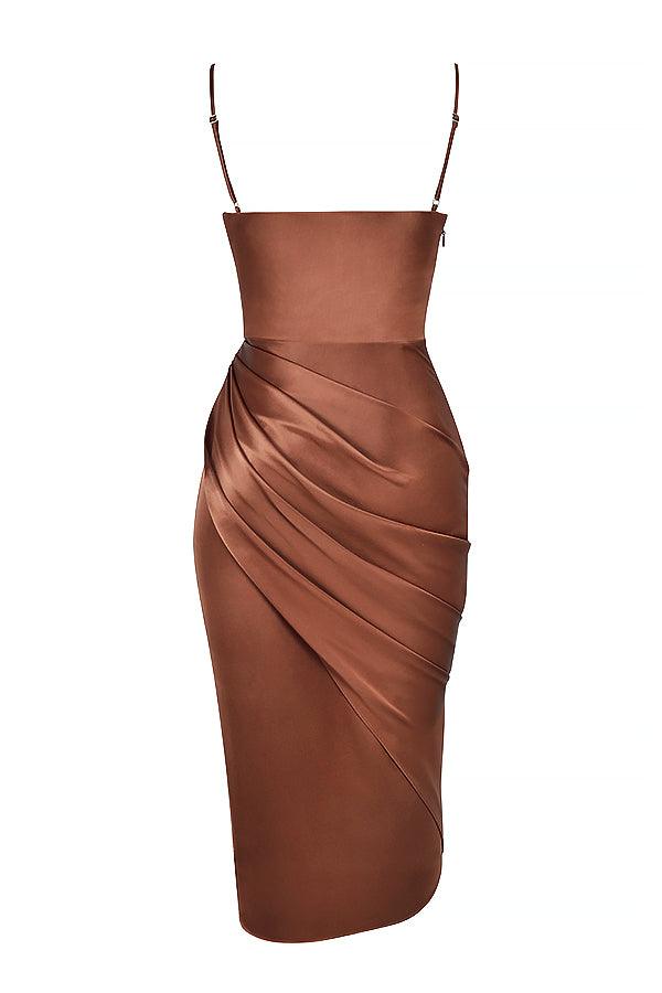 Satin Midi Dress for Women, Cowl Neck, High Slit - EveningMuse