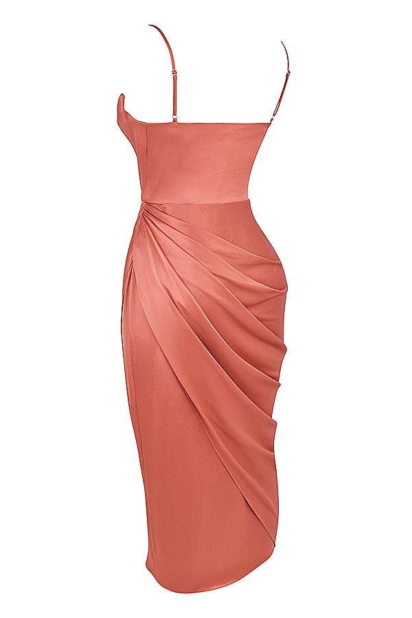 Satin Midi Dress for Women, Cowl Neck, High Slit - EveningMuse