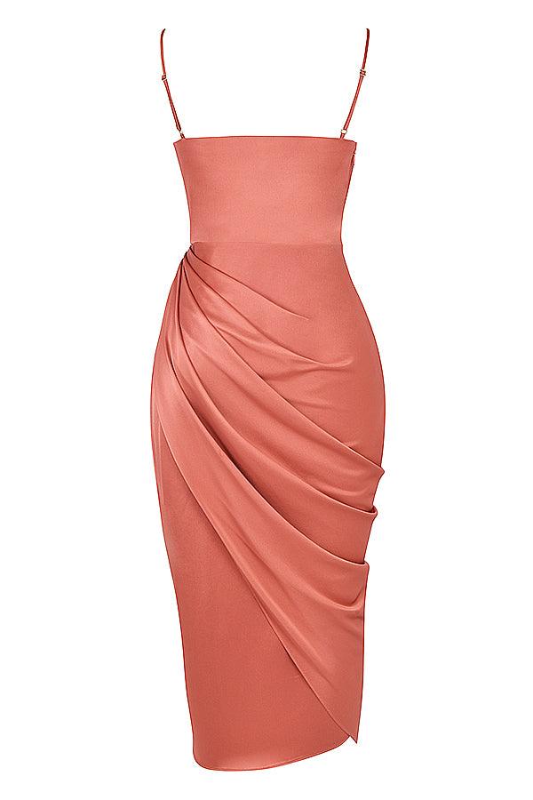 Satin Midi Dress for Women, Cowl Neck, High Slit - EveningMuse