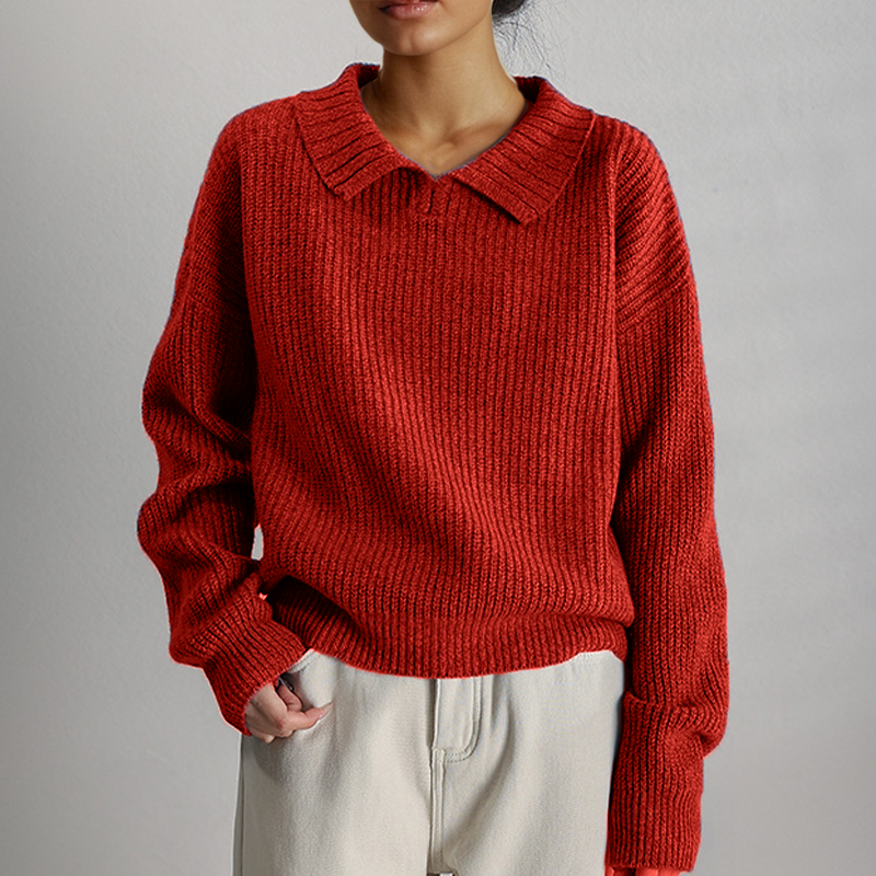 Women's Knitted Sweater, Long Sleeve, Relaxed Fit - CozyKnit Red