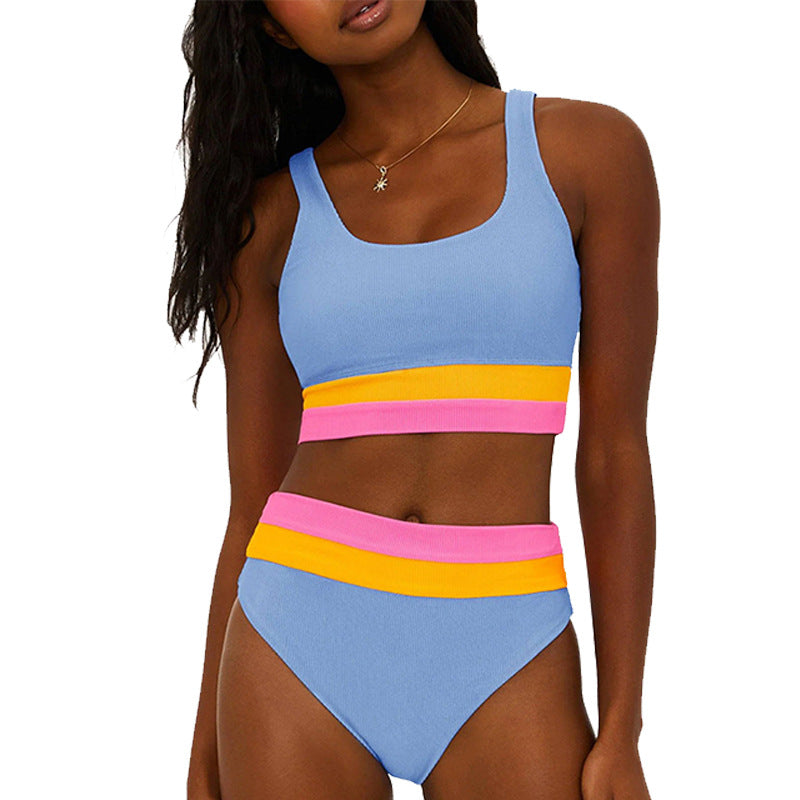 Women’s Bikini Set – Sporty Tank Top – High Waisted – Ribbed Stretch Fit – Moderate Coverage Slate Gray