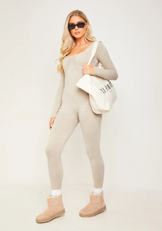 Women's Elegant Long Sleeve Jumpsuit - StyleFlex Oat Flakes