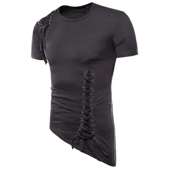 Men’s T-Shirt - Slim Fit - Lace-Up Detail - Crew Neck - Short Sleeve Stylish Design Dark Gray