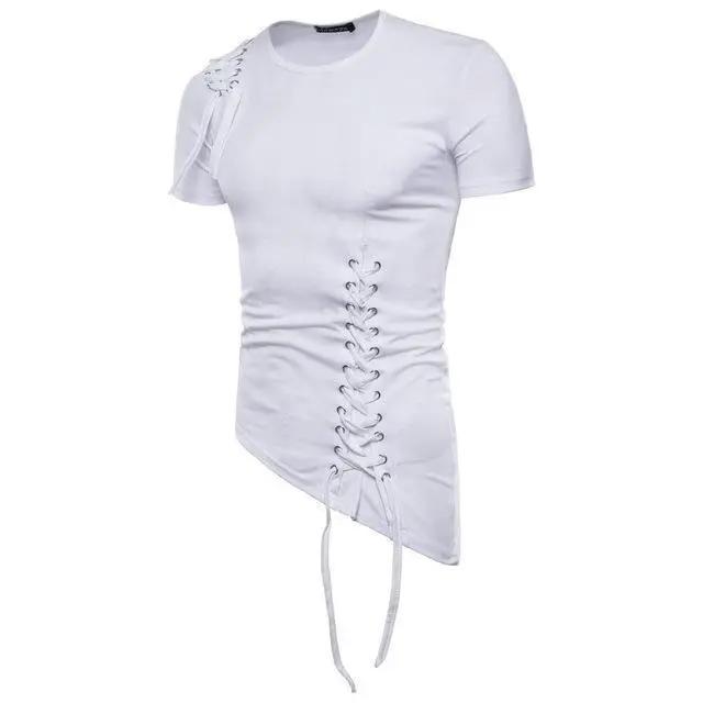 Men’s T-Shirt - Slim Fit - Lace-Up Detail - Crew Neck - Short Sleeve Stylish Design White