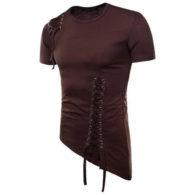 Men’s T-Shirt - Slim Fit - Lace-Up Detail - Crew Neck - Short Sleeve Stylish Design Brown