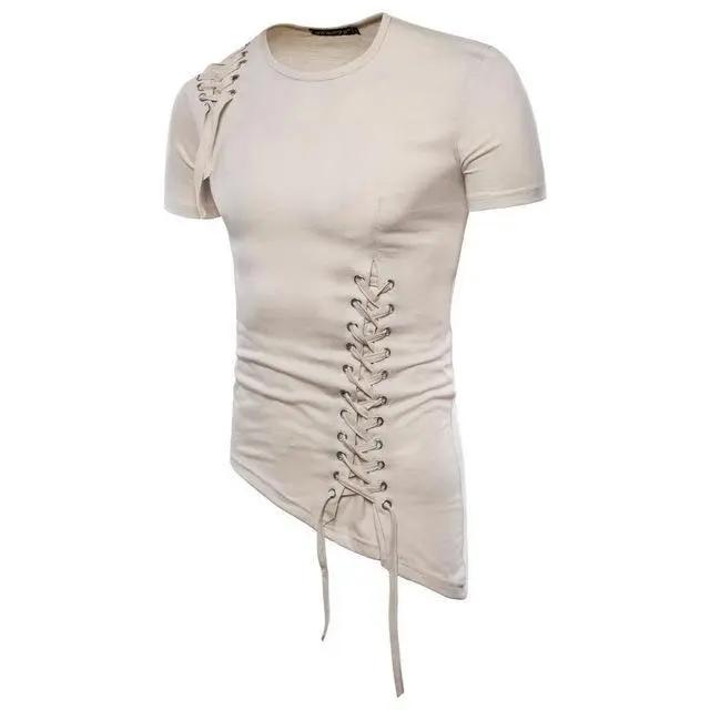 Men’s T-Shirt - Slim Fit - Lace-Up Detail - Crew Neck - Short Sleeve Stylish Design Beige