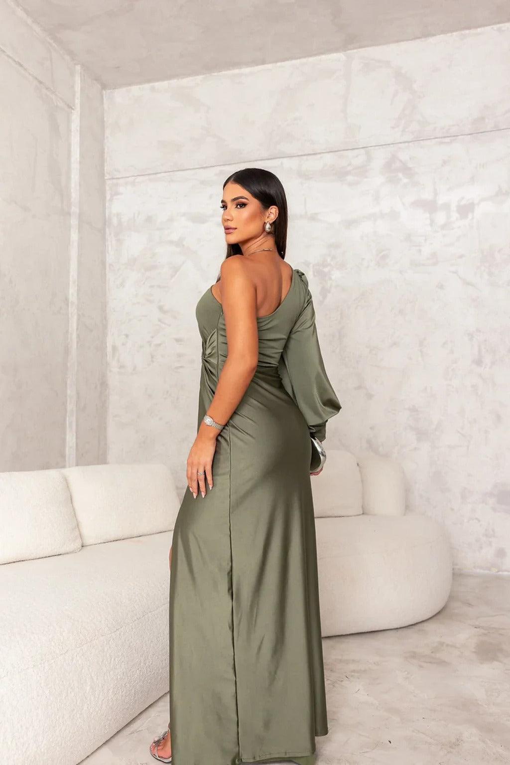 Elegant One-Shoulder Maxi Dress High Slit - EveningStar