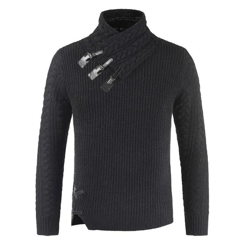 Men’s Pullover Sweater – Slim Fit – Wool Blend – Asymmetric Neckline – Buckle Detail Black