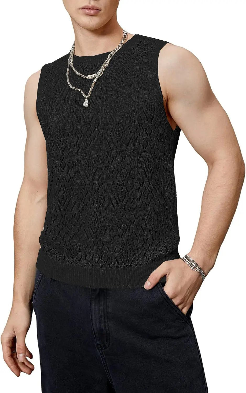 Men’s Crochet Tank Top - Sleeveless Geometric Knit - Lightweight & Breathable Black