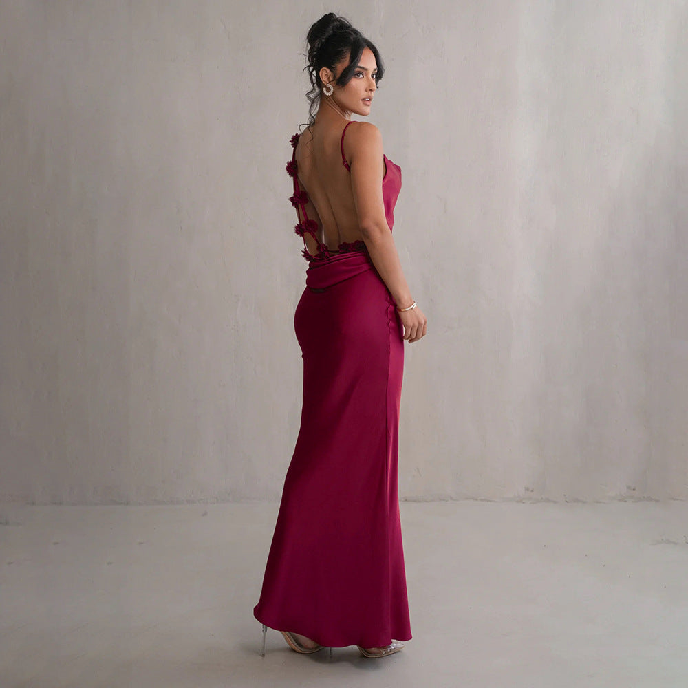 Women's Satin Prom Dress - Backless Floral Gown - Evening Allure Wine Red