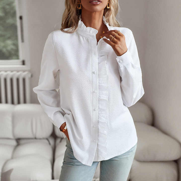 Women's Striped Blouse - Elegant Long Sleeve, Classic Fit - Lisbeth White