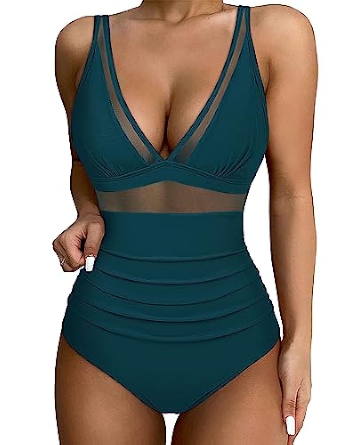 Women's Mesh Panel One-Piece Swimsuit - Flattering High-Cut - SeaSculpt Blue-green